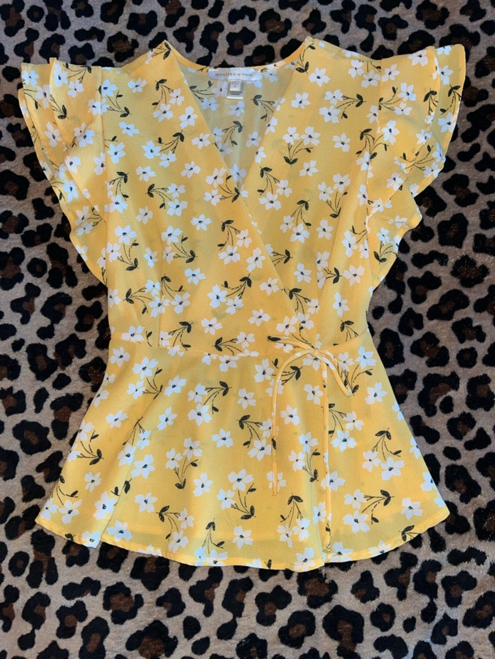 Yellow Floral Wrap Blouse with Flutter Sleeves